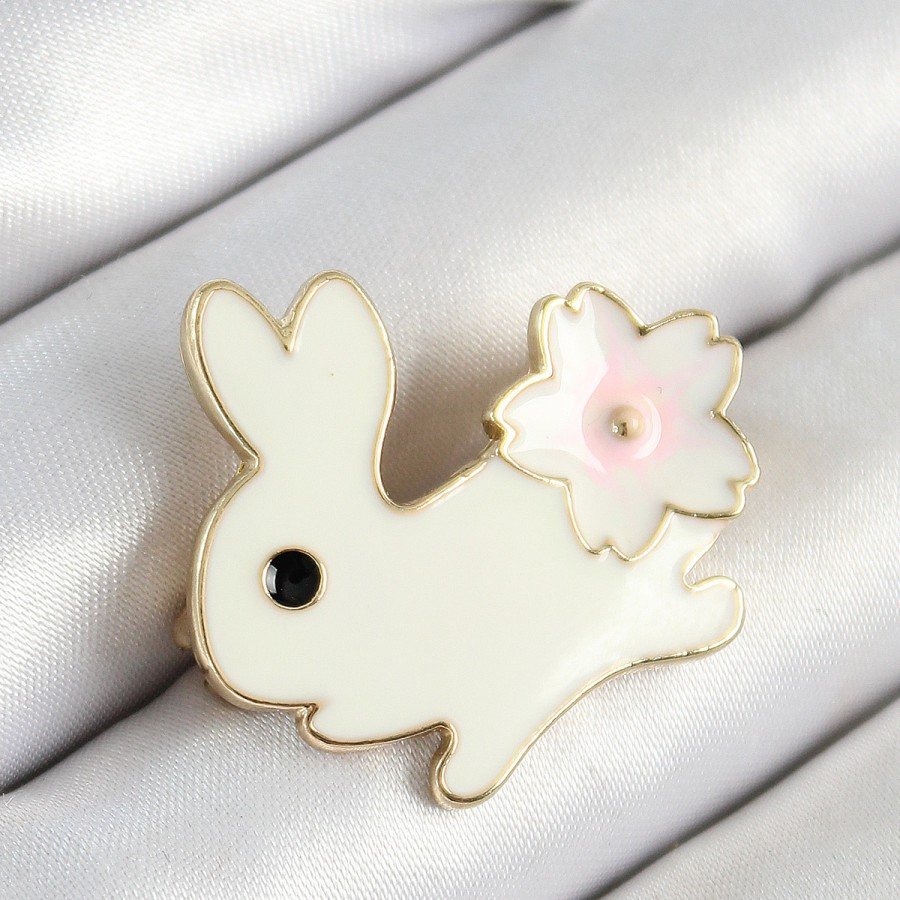 Gold Color Women s Brooch with Enameled Flower Detail and Cream Rabbit Figure