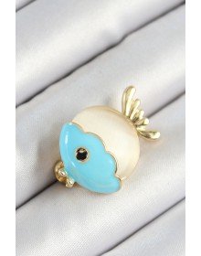 Gold Color Women's Brooch with Enameled Turquoise and Cream Fish Figures