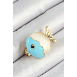 Gold Color Women's Brooch with Enameled Turquoise and Cream Fish Figures