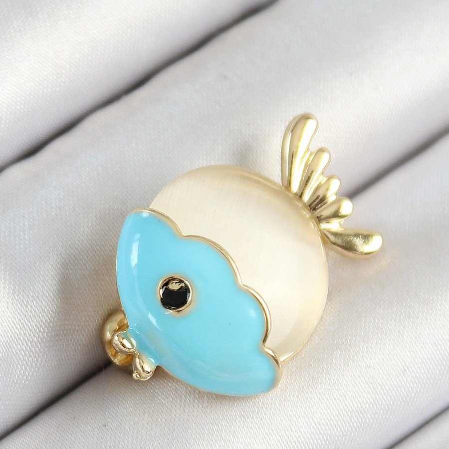 Gold Color Women s Brooch with Enameled Turquoise and Cream Fish Figures Gold Color Women s Brooch with Enameled Turquoise and Cream Fish Figures