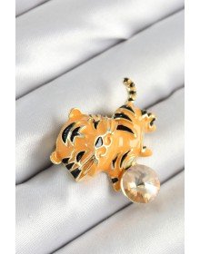 Gold Color Women's Brooch with Zircon Stone, Black Stripes, Orange Tiger Figure