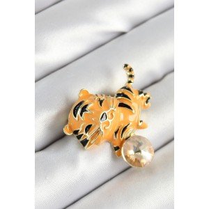 Gold Color Women's Brooch with Zircon Stone, Black Stripes, Orange Tiger Figure
