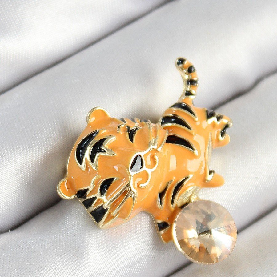 Gold Color Women s Brooch with Zircon Stone, Black Stripes, Orange Tiger Figure