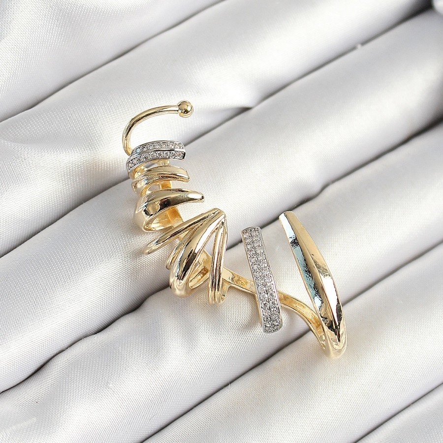 Brass Zircon Stone Coated Spiral Figured Gold Color Women s Right Cartilage Earrings