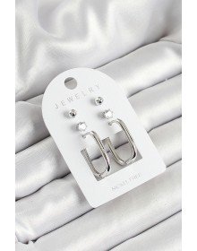 Brass Zircon Stone and Rectangular Figured Silver Color 3-Piece Women's Earring Set