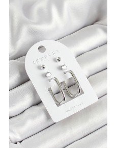 Brass Zircon Stone and Rectangular Figured Silver Color 3-Piece Women's Earring Set Brass Zircon Stone and Rectangular Figured Silver Color 3-Piece Women's Earring Set