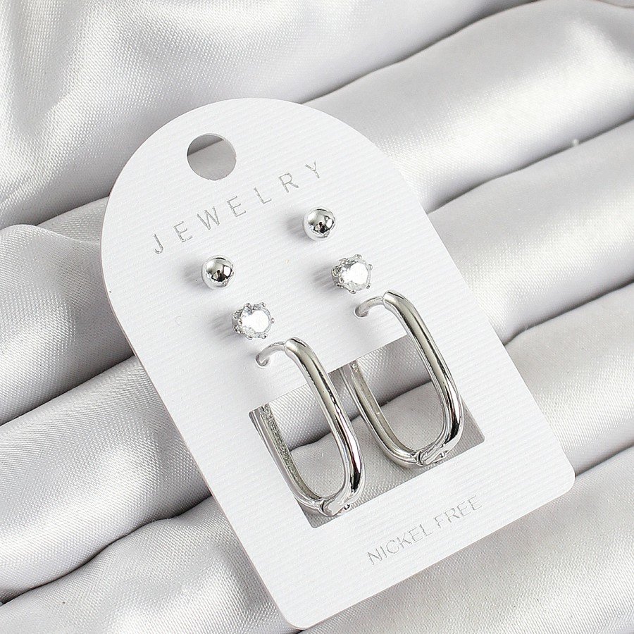 Brass Zircon Stone and Rectangular Figured Silver Color 3-Piece Women s Earring Set
