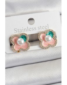 Brass Pink Enameled Pearl Detailed Zircon Stone Artistic Portrait Clover Model Gold Color Women's Earrings