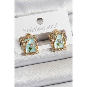 Brass Green Enameled Artistic Portrait Model Gold Color Women's Earrings