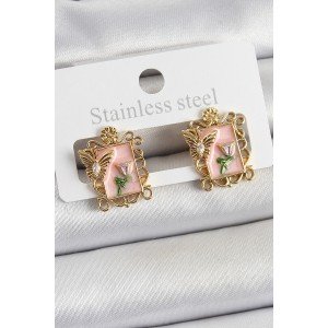 Brass Pink Enameled Artistic Portrait Model Gold Color Women's Earrings