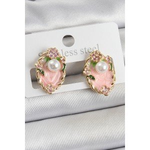Brass Pink Enameled Pearl Detailed Artistic Portrait Model Gold Color Women's Earrings