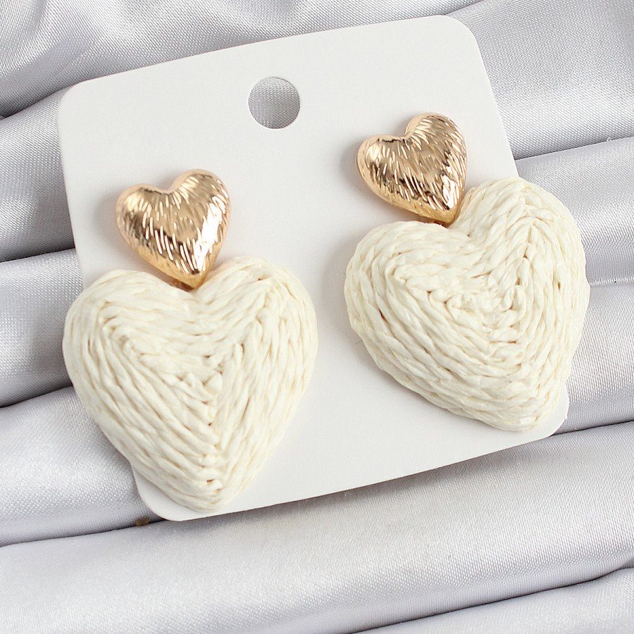 Cream Heart Figured Straw Braid Model Gold Color Women s Earrings
