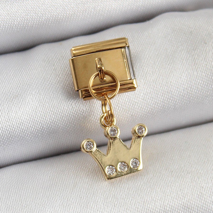 316L Steel Dangle Zircon Stone Queen Crown Model Gold Color Nomination Charm 316L Steel Dangle Zircon Stone Queen Crown Model Gold Color Nomination Charm