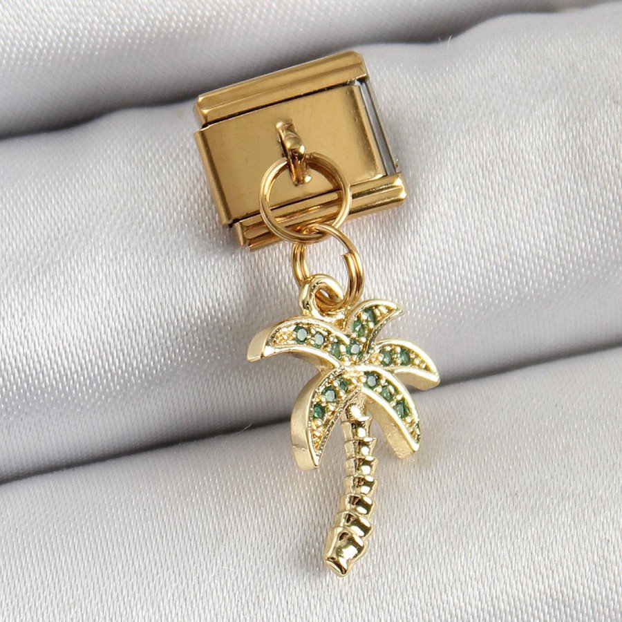 316L Steel Dangle Zircon Stone Palm Tree Model Gold Color Nomination Charm 316L Steel Dangle Zircon Stone Palm Tree Model Gold Color Nomination Charm