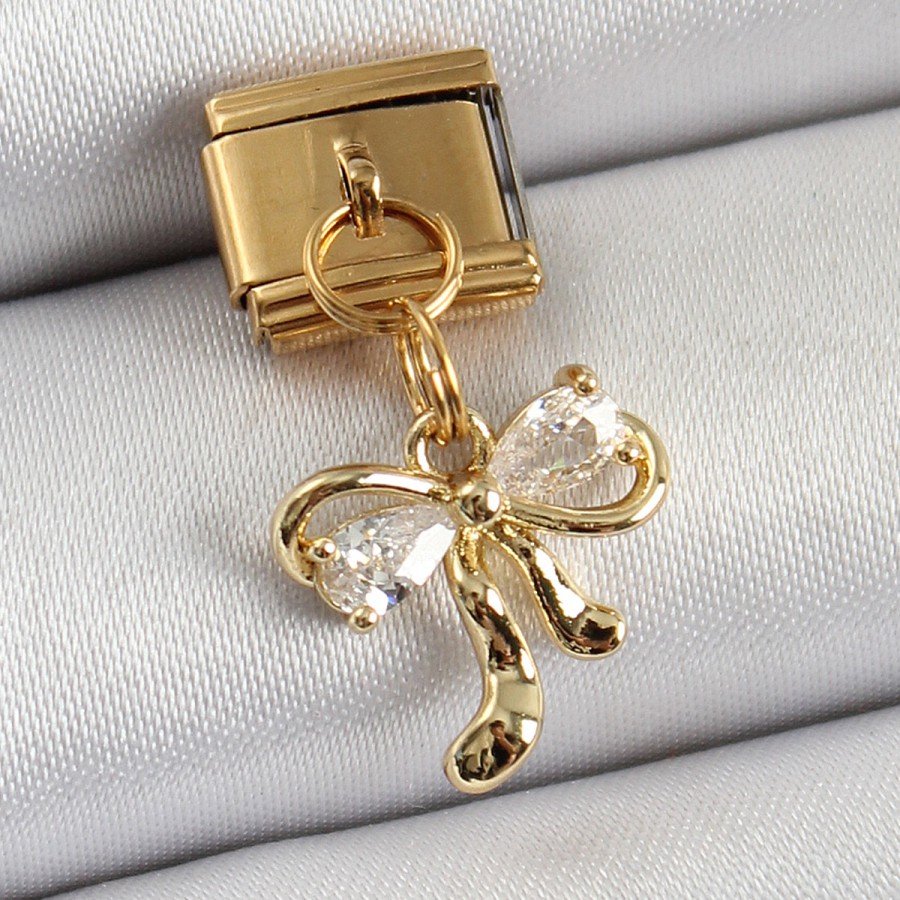 316L Steel Dangle Zircon Stone Bow Model Gold Color Nomination Charm