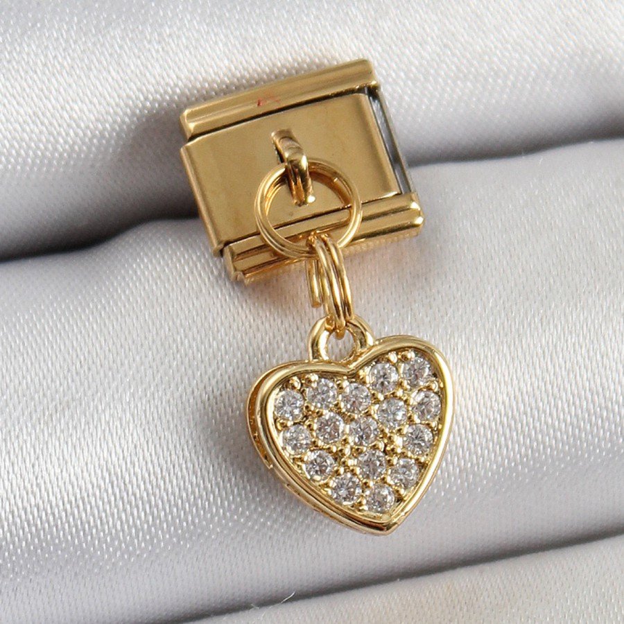 316L Steel Dangle Zircon Stone Heart Model Gold Color Nomination Charm