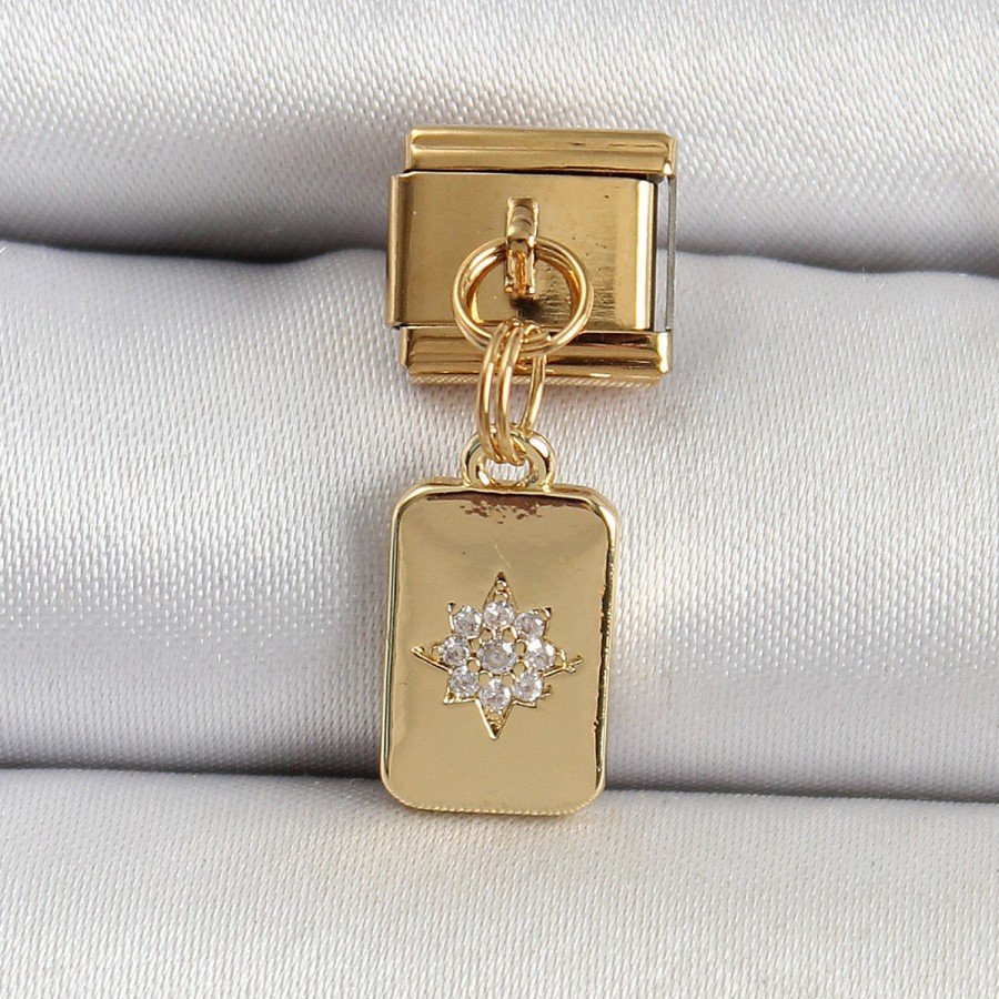 316L Steel Dangle Zircon Stone Polar Star Figured Rectangular Model Gold Color Nomination Charm