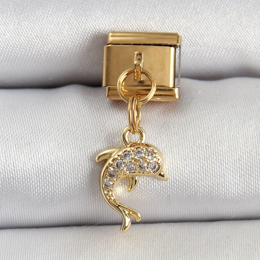 316L Steel Dangle Zircon Stone Dolphin Model Gold Color Nomination Charm 316L Steel Dangle Zircon Stone Dolphin Model Gold Color Nomination Charm