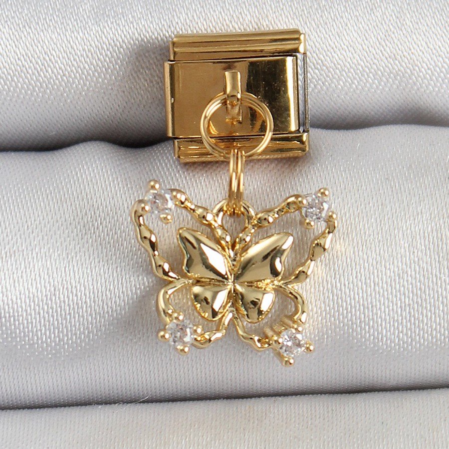 316L Steel Dangle Zircon Stone Butterfly Model Gold Color Nomination Charm