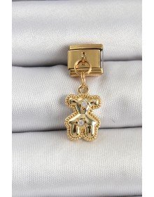316L Steel Dangle Zircon Stone Teddy Bear Model Gold Color Nomination Charm
