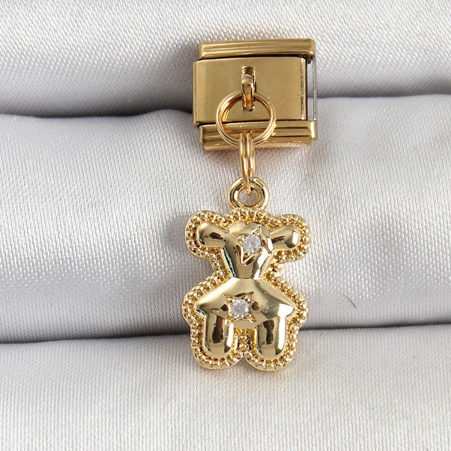 316L Steel Dangle Zircon Stone Teddy Bear Model Gold Color Nomination Charm