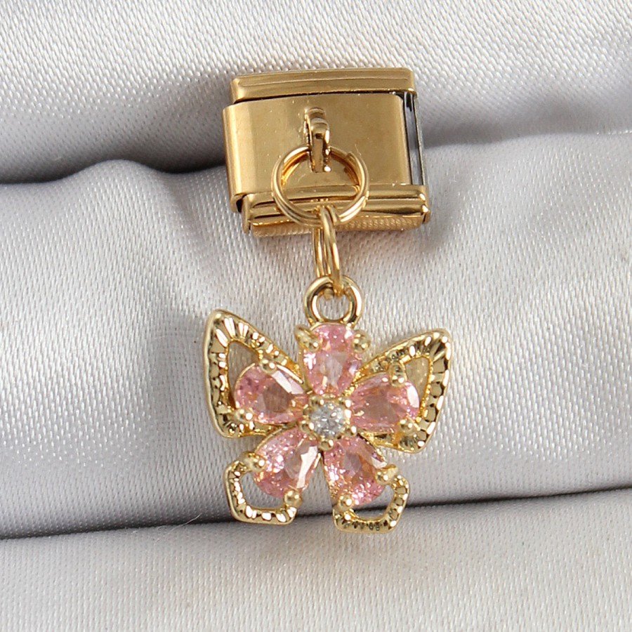 316L Steel Dangle Zircon Stone Butterfly Model with Flower Figure Gold Color Nomination Charm