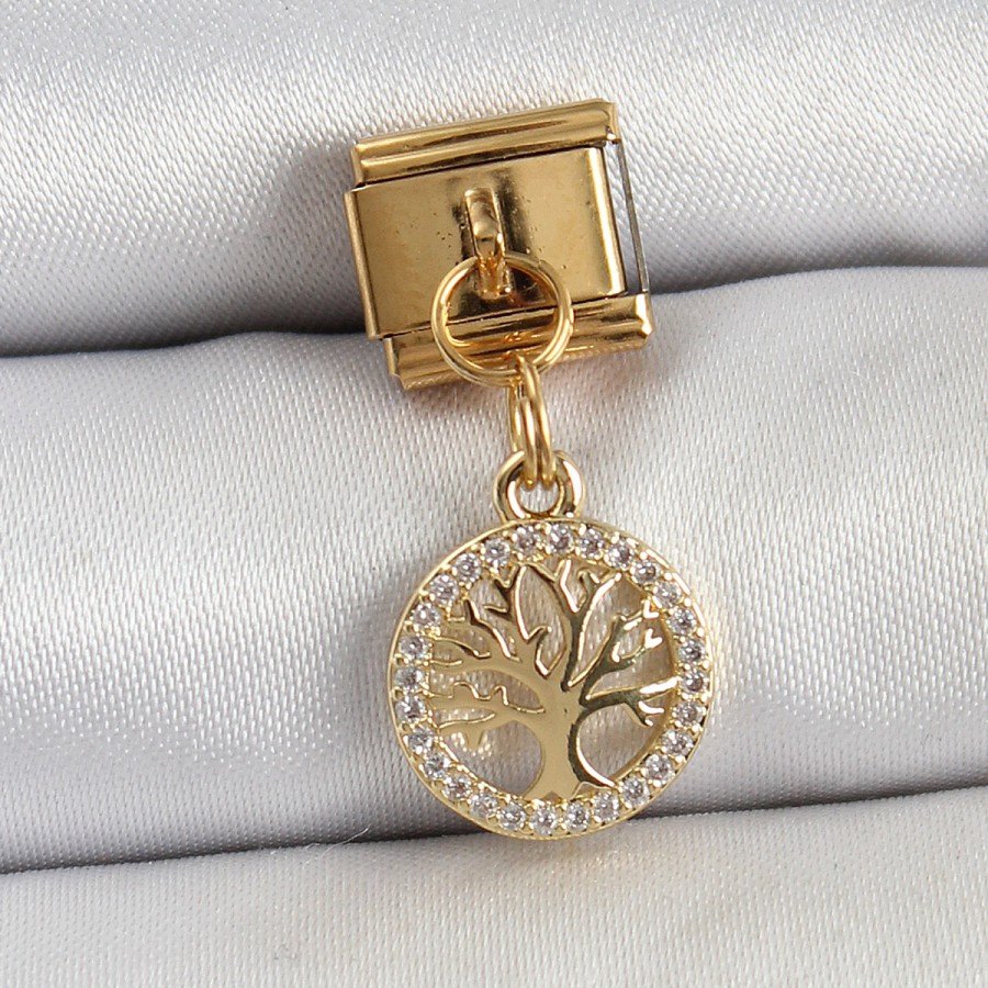 316L Steel Dangle Zircon Stone Tree of Life Model Gold Color Nomination Charm
