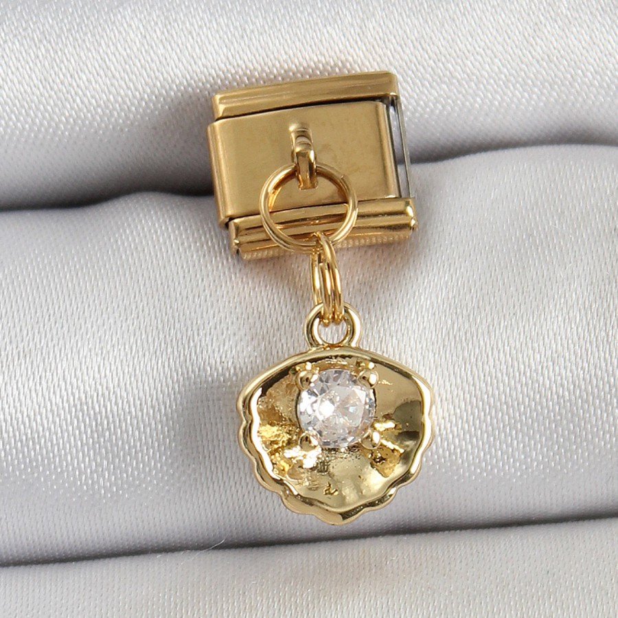 316L Steel Dangle Zircon Stone Oyster Model Gold Color Nomination Charm