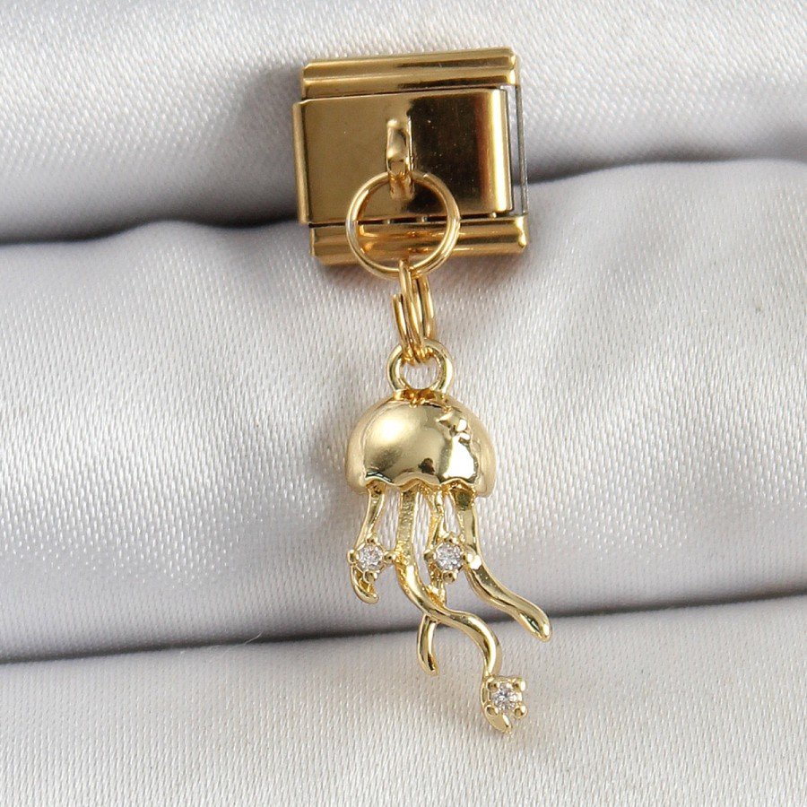 316L Steel Dangle Zircon Stone Jellyfish Model Gold Color Nomination Charm