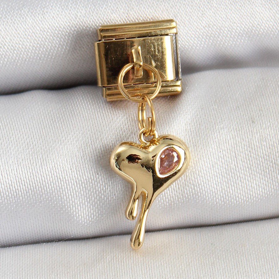 316L Steel Dangle Zircon Stone Melting Heart Model Gold Color Nomination Charm 316L Steel Dangle Zircon Stone Melting Heart Model Gold Color Nomination Charm