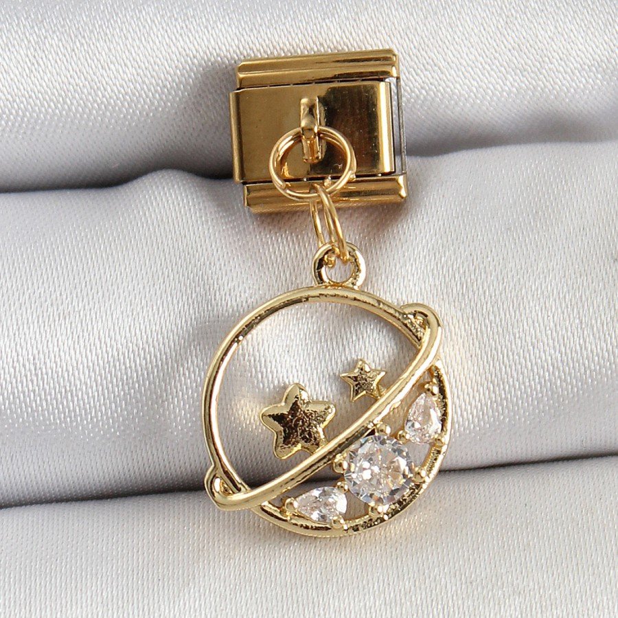 316L Steel Dangle Zircon Stone Saturn Model Gold Color Nomination Charm