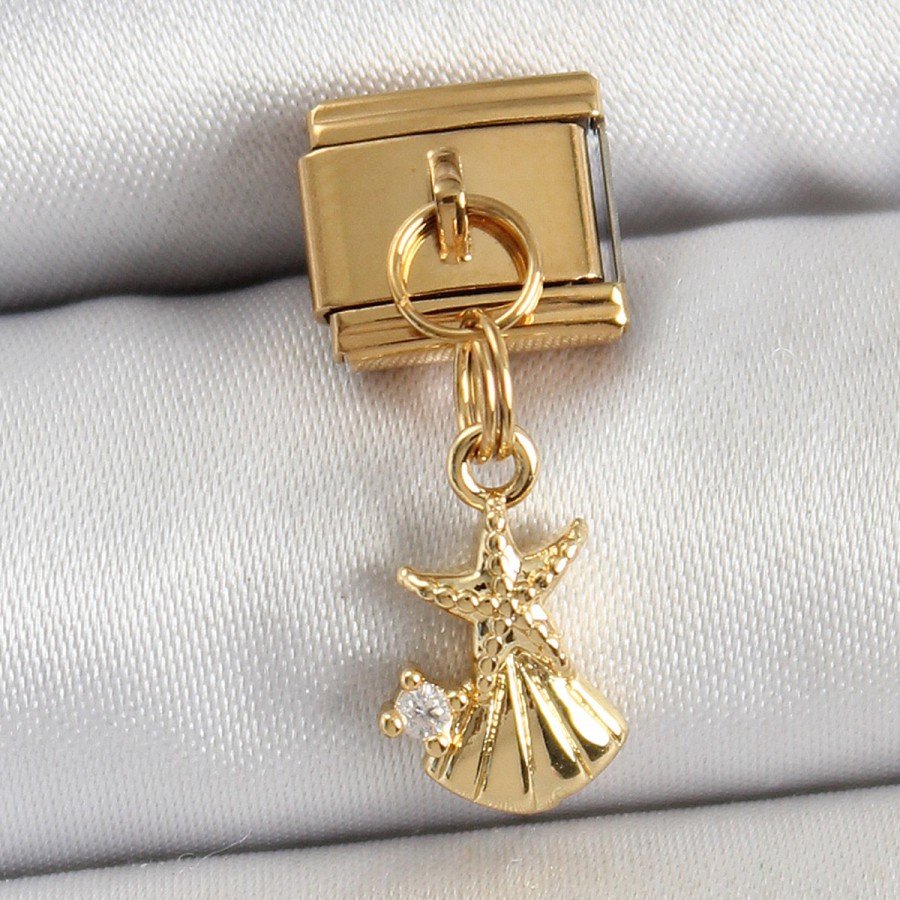 316L Steel Dangle Zircon Stone Starfish And Oyster Model Gold Color Nomination Charm