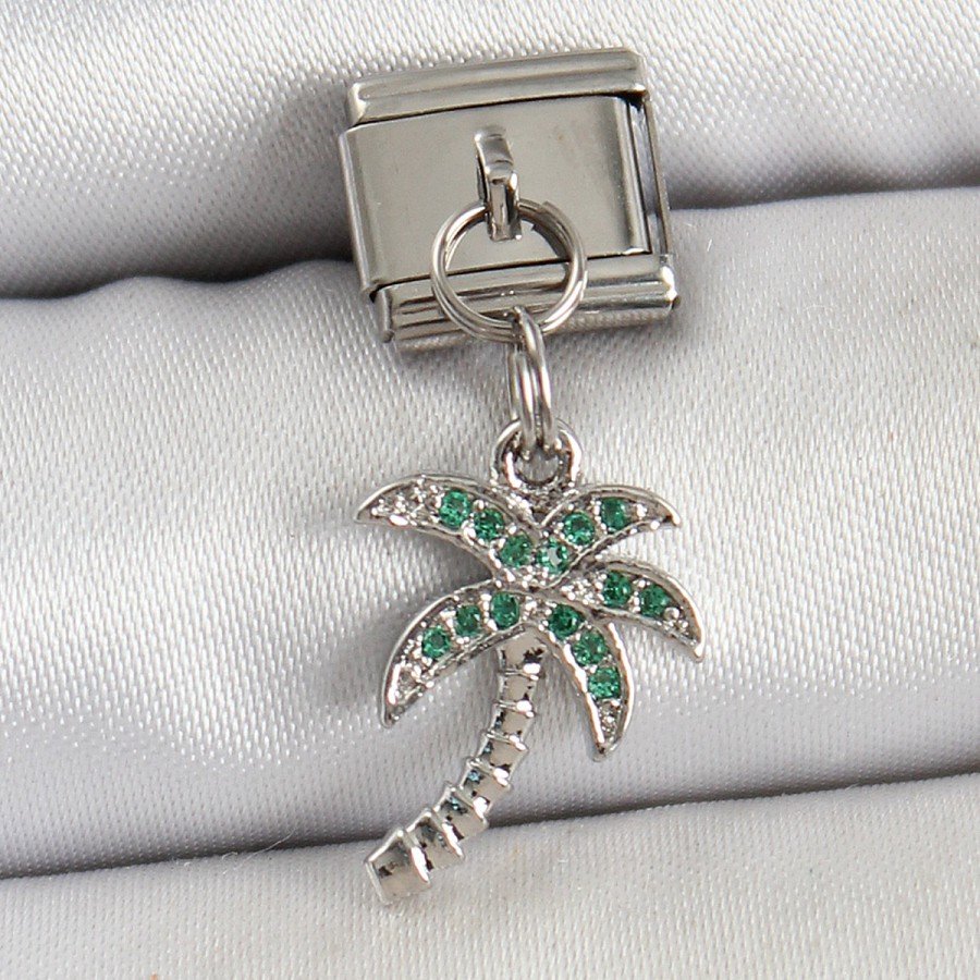 316L Steel Dangle Zircon Stone Palm Tree Model Silver Color Nomination Charm