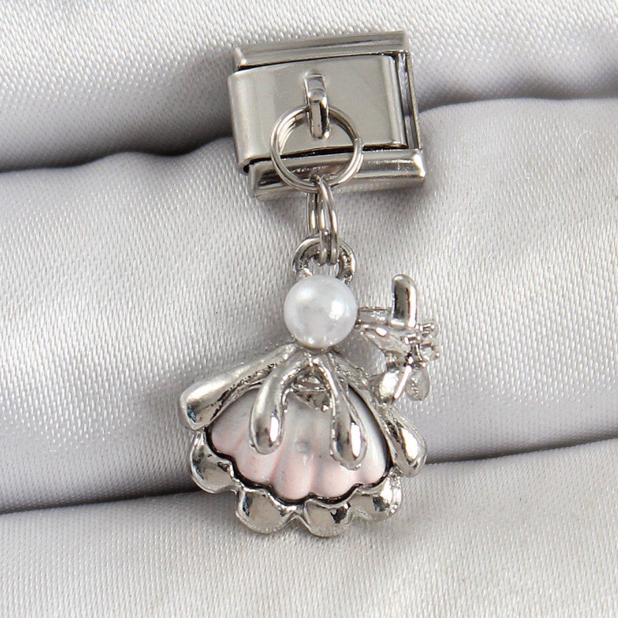 316L Steel Pendant Pearl Detailed Oyster Model Silver Color Nomination Charm