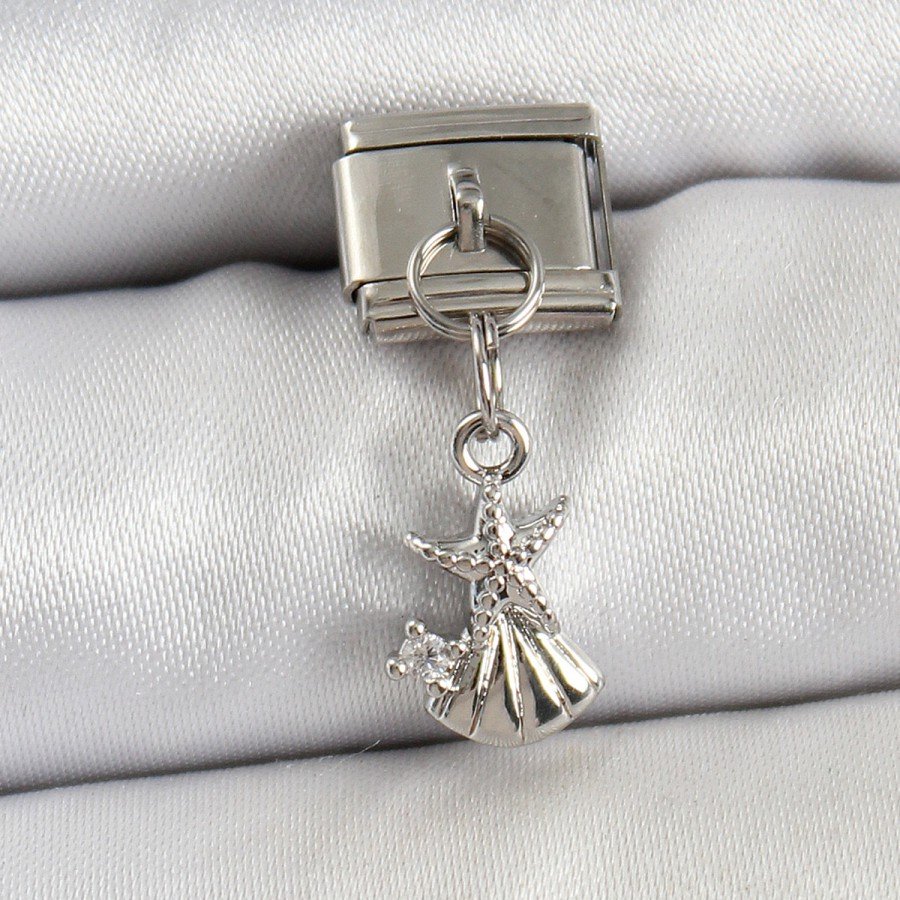 316L Steel Dangle Zircon Stone Starfish And Oyster Model Silver Color Nomination Charm