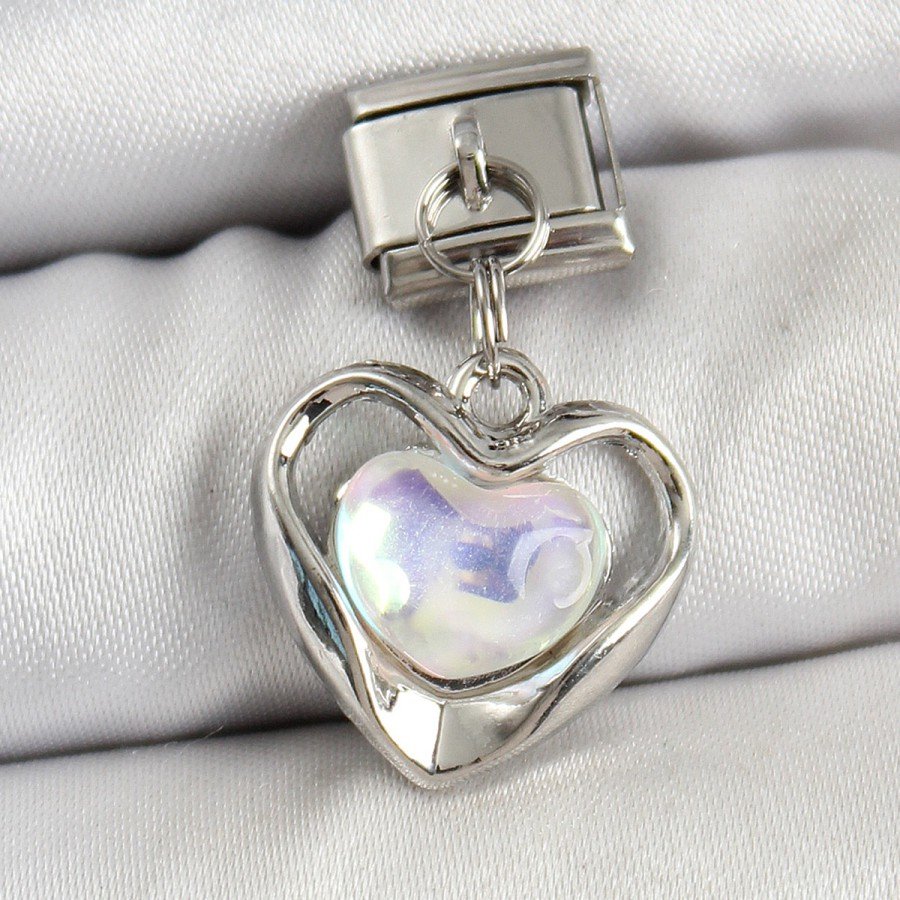 316L Steel Dangle Zircon Stone Heart Model Silver Color Nomination Charm