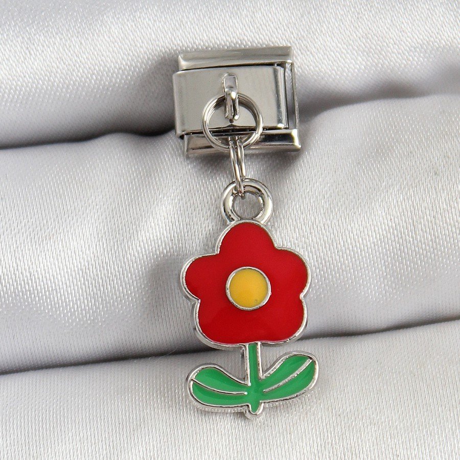 316L Steel Pendant Red Daisy Model Silver Color Nomination Charm