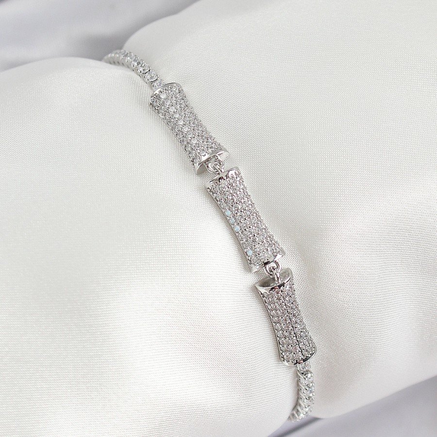 Brass Silver Color Zircon Stone Bone Model Women s Bracelet
