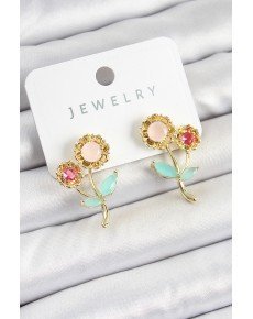 Brass Colored Zircon Stone Daisy Model Gold Color Women's Earrings