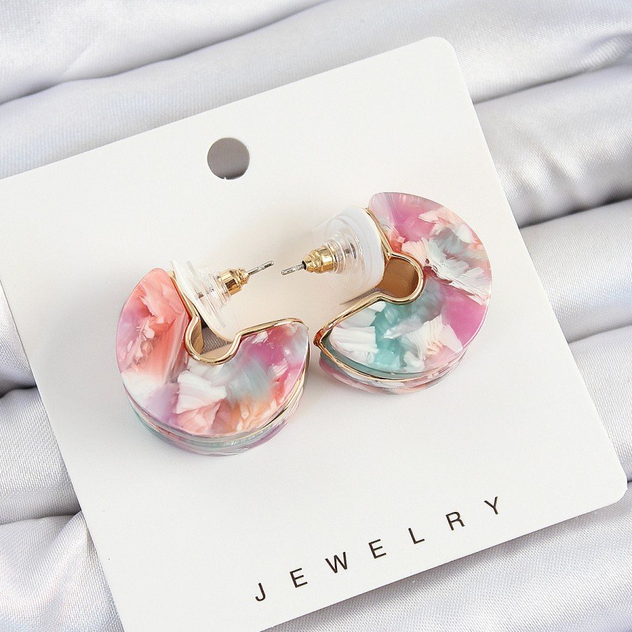 Brass Marble Patterned Vintage Half Ring Model Gold Color Women s Earrings