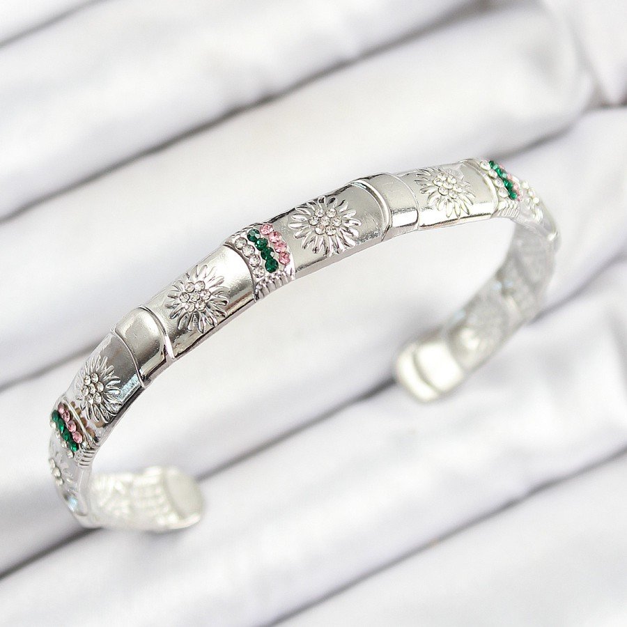 Brass Mixed Zircon Stone Flower Model Silver Color Open Bottom Women s Bracelet