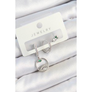 Brass Zircon Stone Eye and Owl Model Silver Color 3-Piece Women's Earring Set