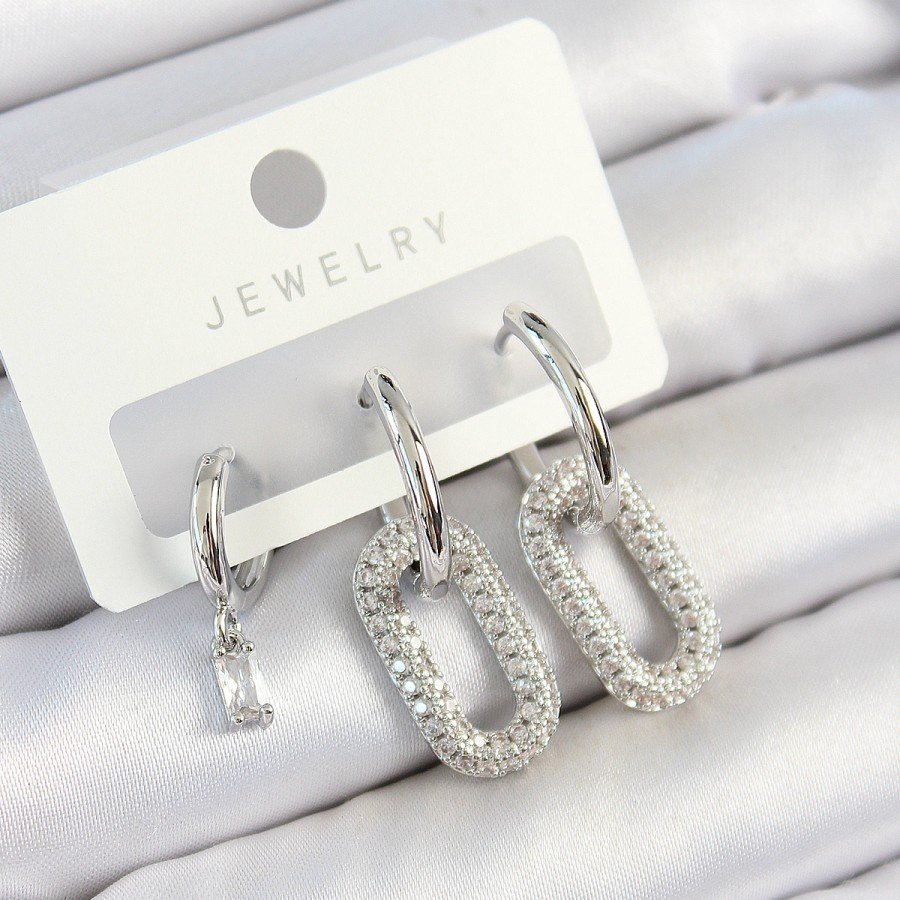 Brass Zircon Stone Rectangular Model Silver Color 3-Piece Women s Earring Set Brass Zircon Stone Rectangular Model Silver Color 3-Piece Women s Earring Set