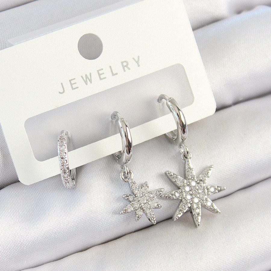 Brass Zircon Stone Polar Star Model Silver Color 3-Piece Women s Earring Set Brass Zircon Stone Polar Star Model Silver Color 3-Piece Women s Earring Set