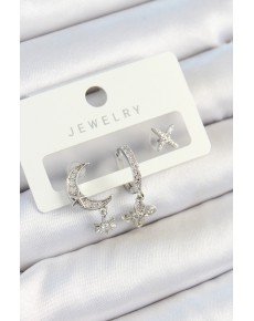 Brass Zircon Stone Flower and Moon Model Silver Color 3-Piece Women's Earring Set