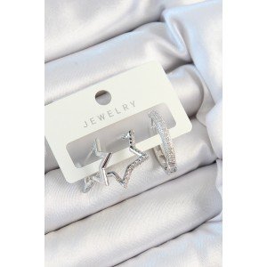 Brass Zircon Stone Star and Ring Model Silver Color 3-Piece Women's Earring Set
