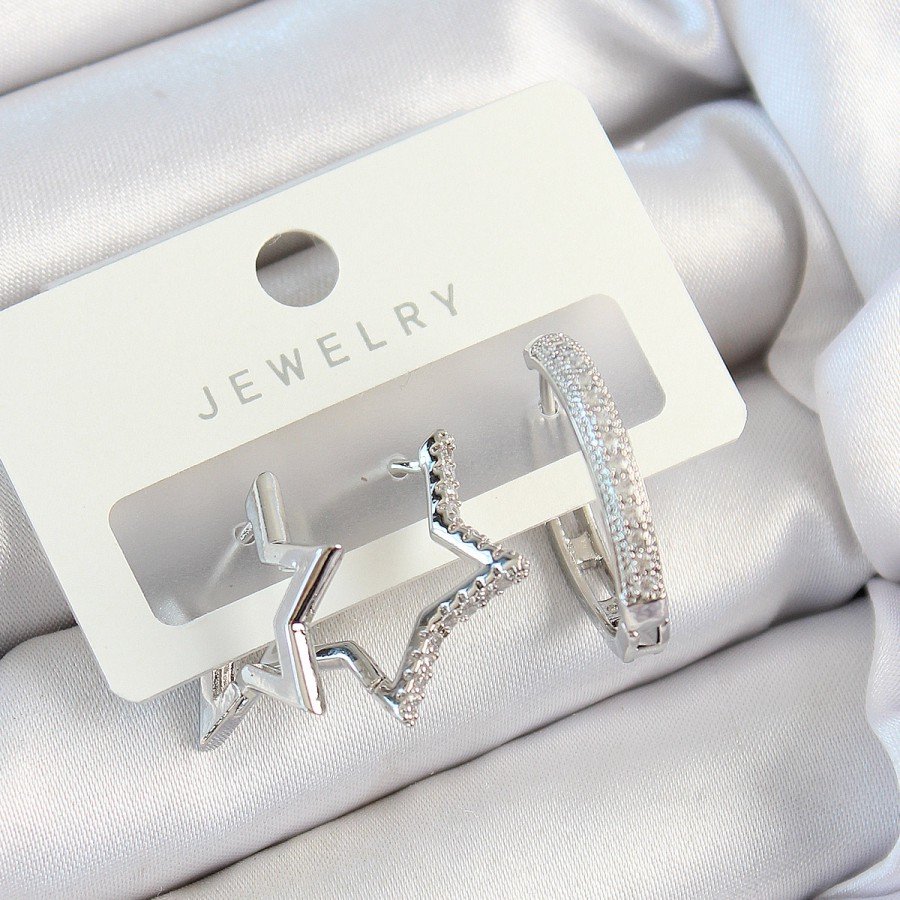 Brass Zircon Stone Star and Ring Model Silver Color 3-Piece Women s Earring Set