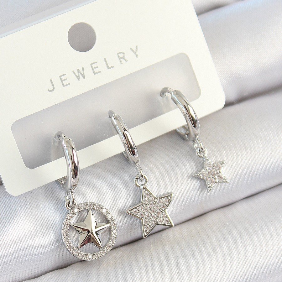 Brass Zircon Stone Star Model Silver Color 3-Piece Women s Earring Set