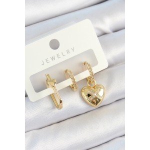 Brass Zircon Stone Heart Model Gold Color 3-Piece Women's Earring Set