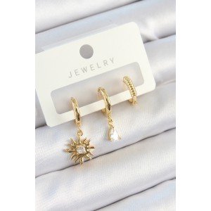 Brass Zircon Stone Sun Model Gold Color 3-Piece Women's Earring Set